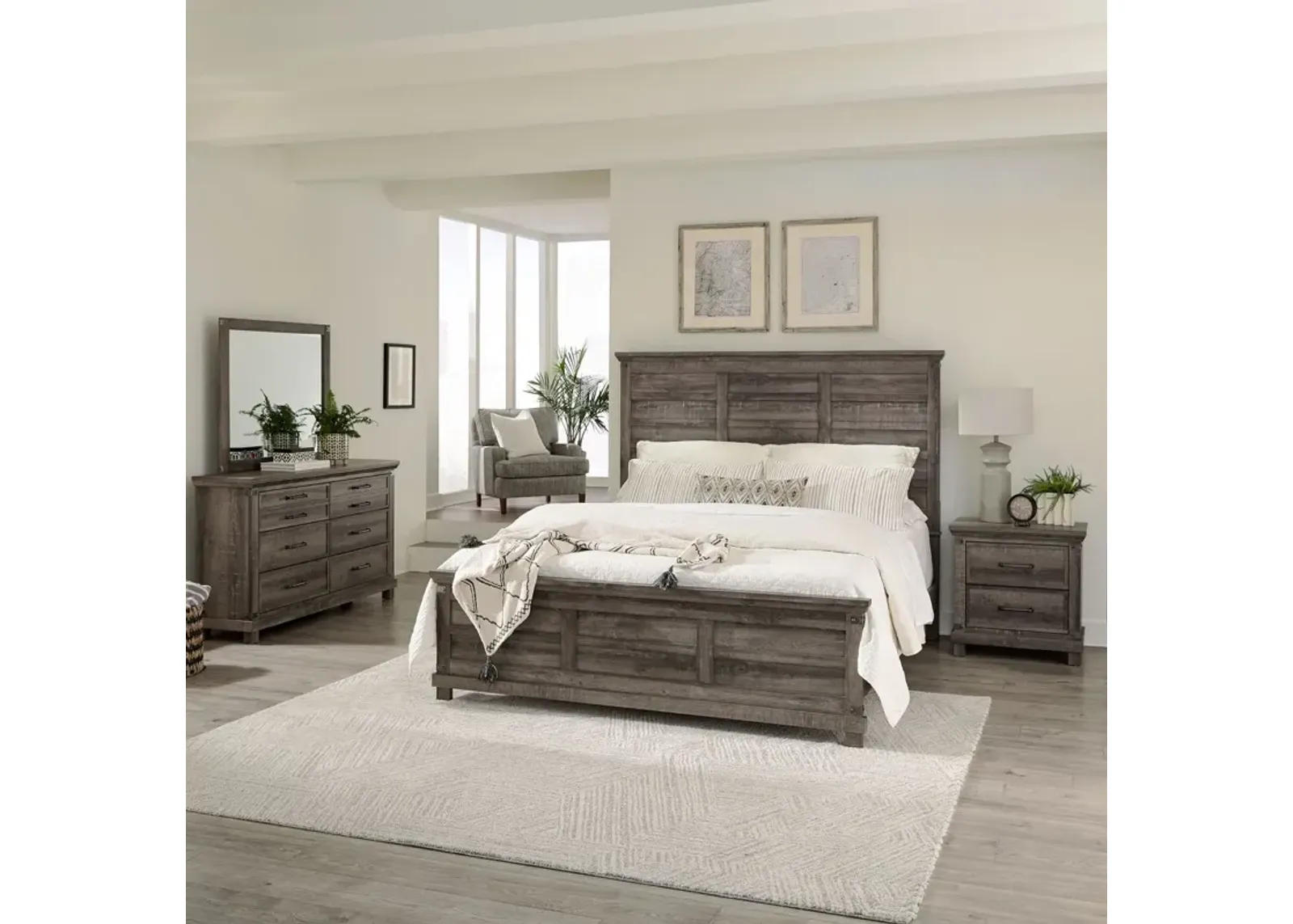 Liberty Furniture Complete King Bedroom Set Panel Bed, Dresser, Mirror & Nightstand Lakeside Haven