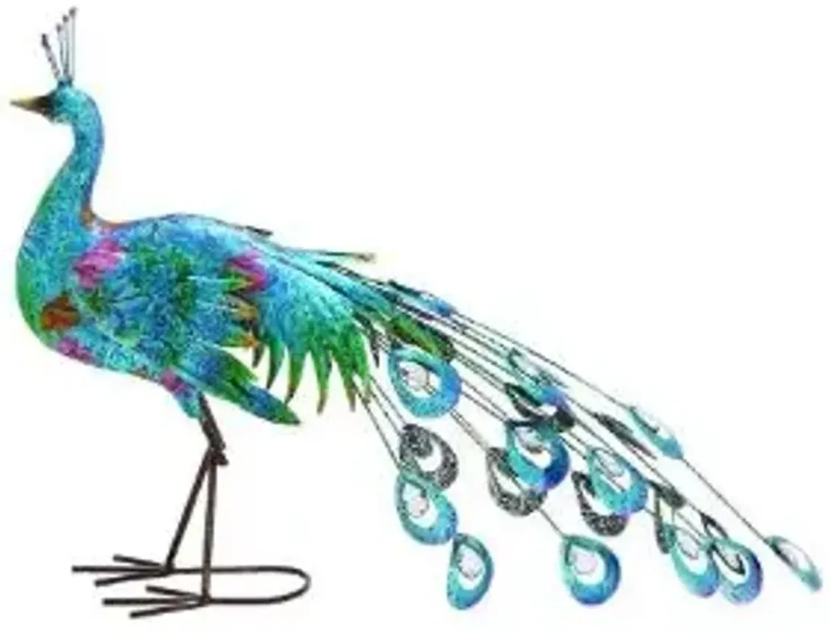 UMA Home Decor Teal Metal Peacock Indoor / Outdoor Garden Sculpture with Crystal Accents 31"X7"X20"