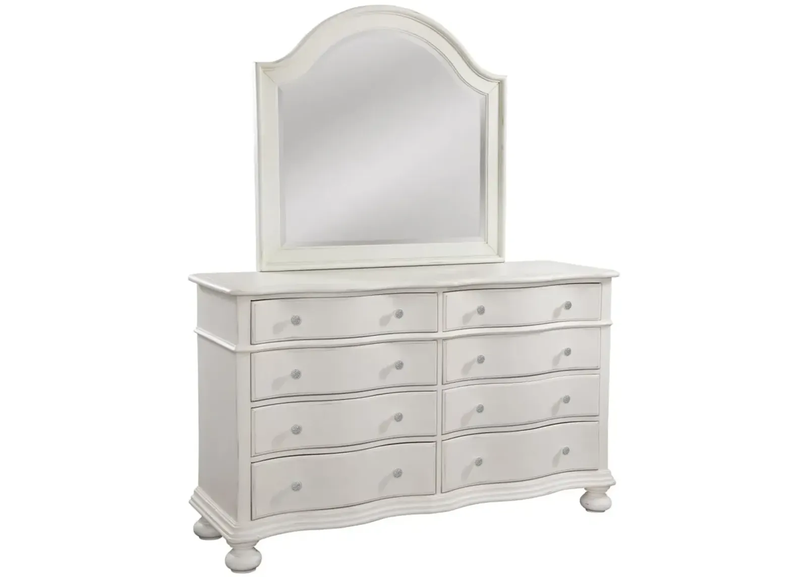 American Woodcrafters Rodanthe 5-Piece Panel Bedroom Set Queen Bed, Dresser, Mirror, 3-Drawer Nightstand & Chest in Dove White