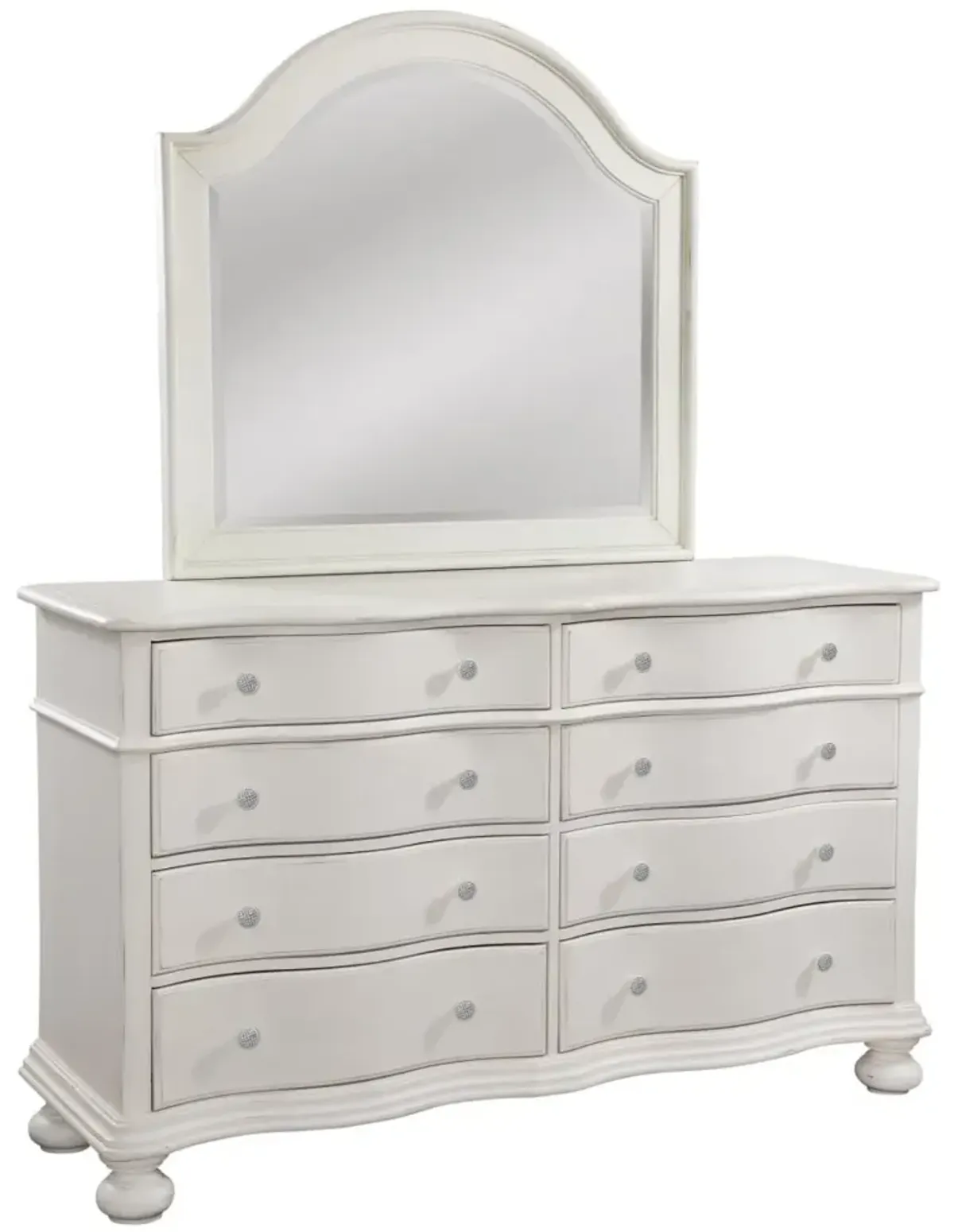 American Woodcrafters Rodanthe 5-Piece Panel Bedroom Set Queen Bed, Dresser, Mirror, 3-Drawer Nightstand & Chest in Dove White