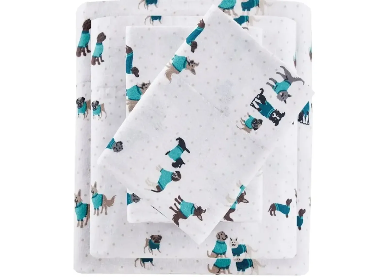 Olliix Intelligent Design Twin Teal Dogs Cozy Soft Cotton Novelty Print Flannel Sheet Set