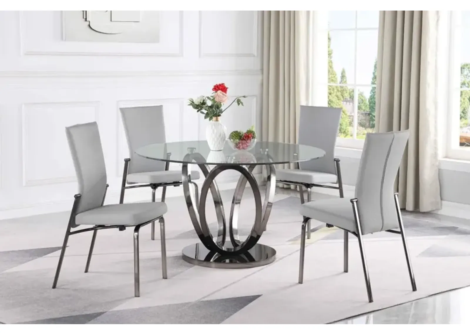 Chintaly Evelyn Grey Contemporary Dining Set with Glass Top Table & Motion-Back Chairs