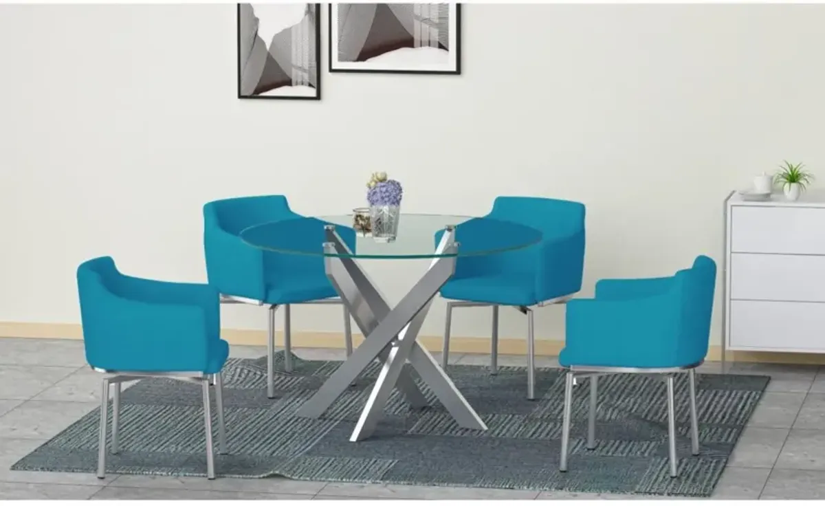 Chintaly Dusty Dining Set with Round Glass Table & Turquoise Swivel Club Chairs