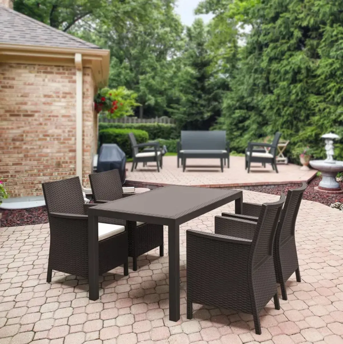 Compamia California Wickerlook Rectangle Outdoor Dining Set 5-Piece Brown with Sunbrella Natural Cushion