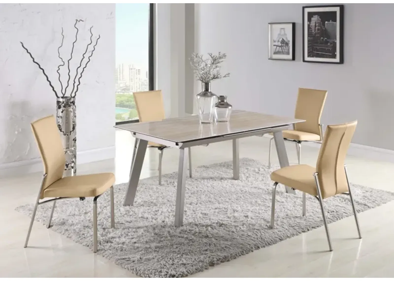 ELEANOR BEIGE CONTEMPORARY DINING SET WITH EXTENDABLE CERAMIC TOP TABLE & MOTION-BACK CHAIRS