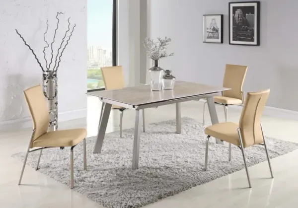 Chintaly Eleanor Beige Contemporary Dining Set with Extendable Ceramic Top Table & Motion-Back Chairs