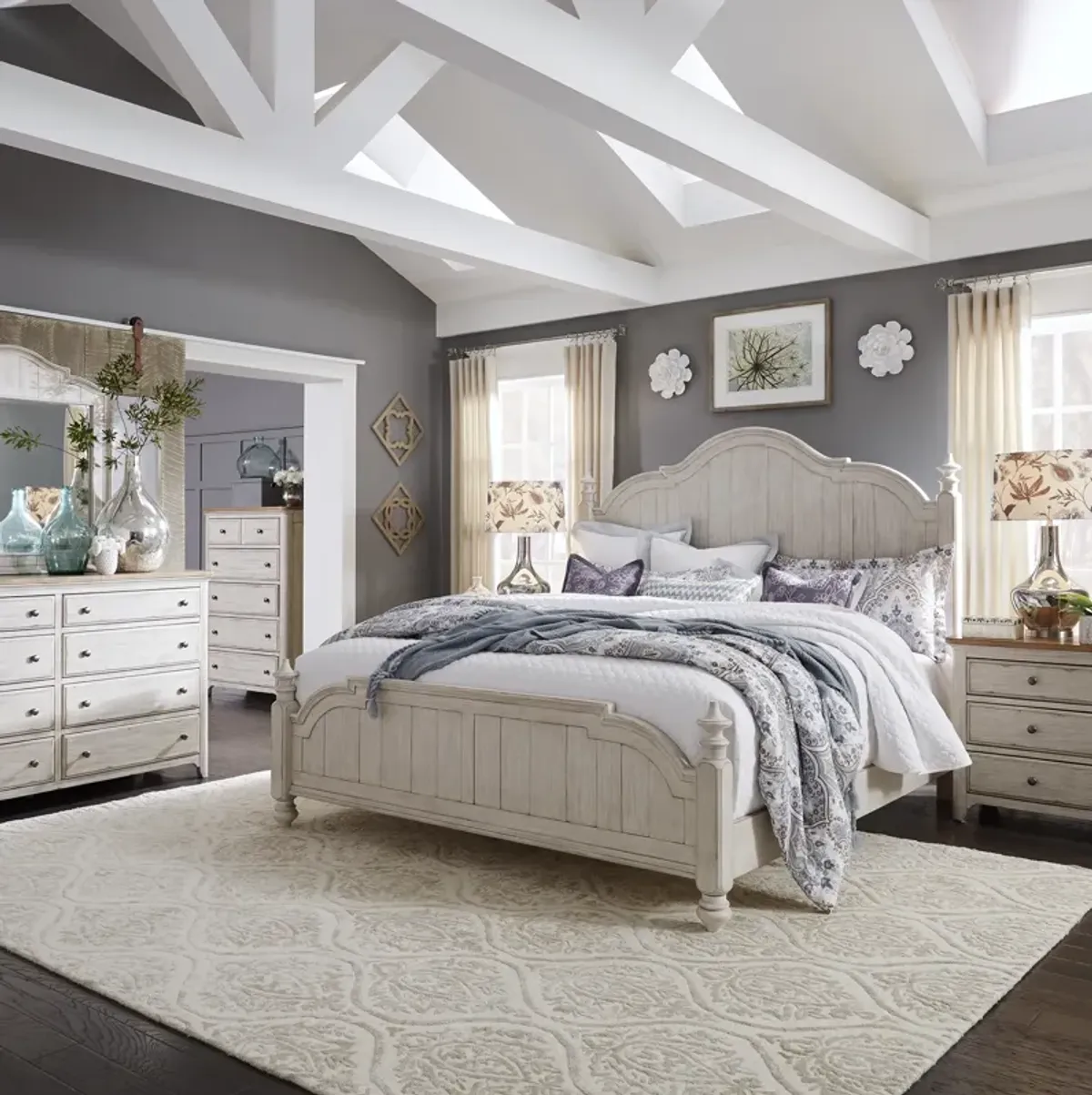 Liberty Furniture Complete Queen Bedroom Set Poster Bed, Dresser, Mirror, Chest & Nightstand Farmhouse Reimagined