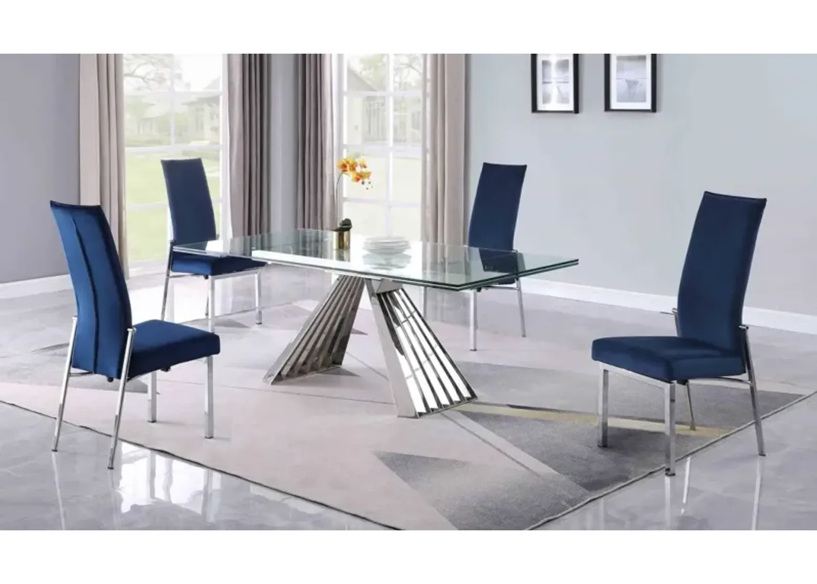 Chintaly Dominique Blue Dining Set with Extendable Table & 4 Motion-Back Chairs