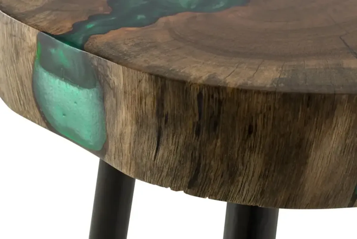 COOKE 22.5 INCH TALL ROUND LIVE EDGE SOLID WOOD ACCENT END TABLE WITH EPOXY DETAIL IN CINNAMON