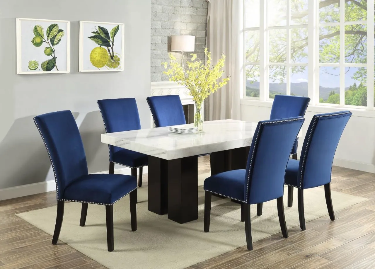 5 PIECE CAMILA TABLE W/4 BLUE VELVET SIDE CHAIRS