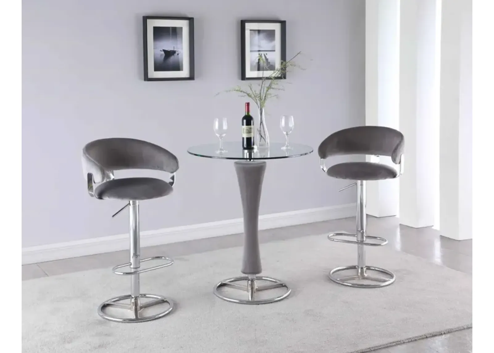 Chintaly Daniella Contemporary Round Glass Pub Table with Upholstered Pedestal