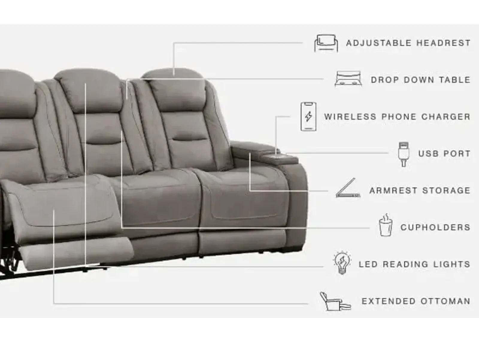 Ashley The Man-Den Gray Power Reclining Sofa with Adjustable Headrest