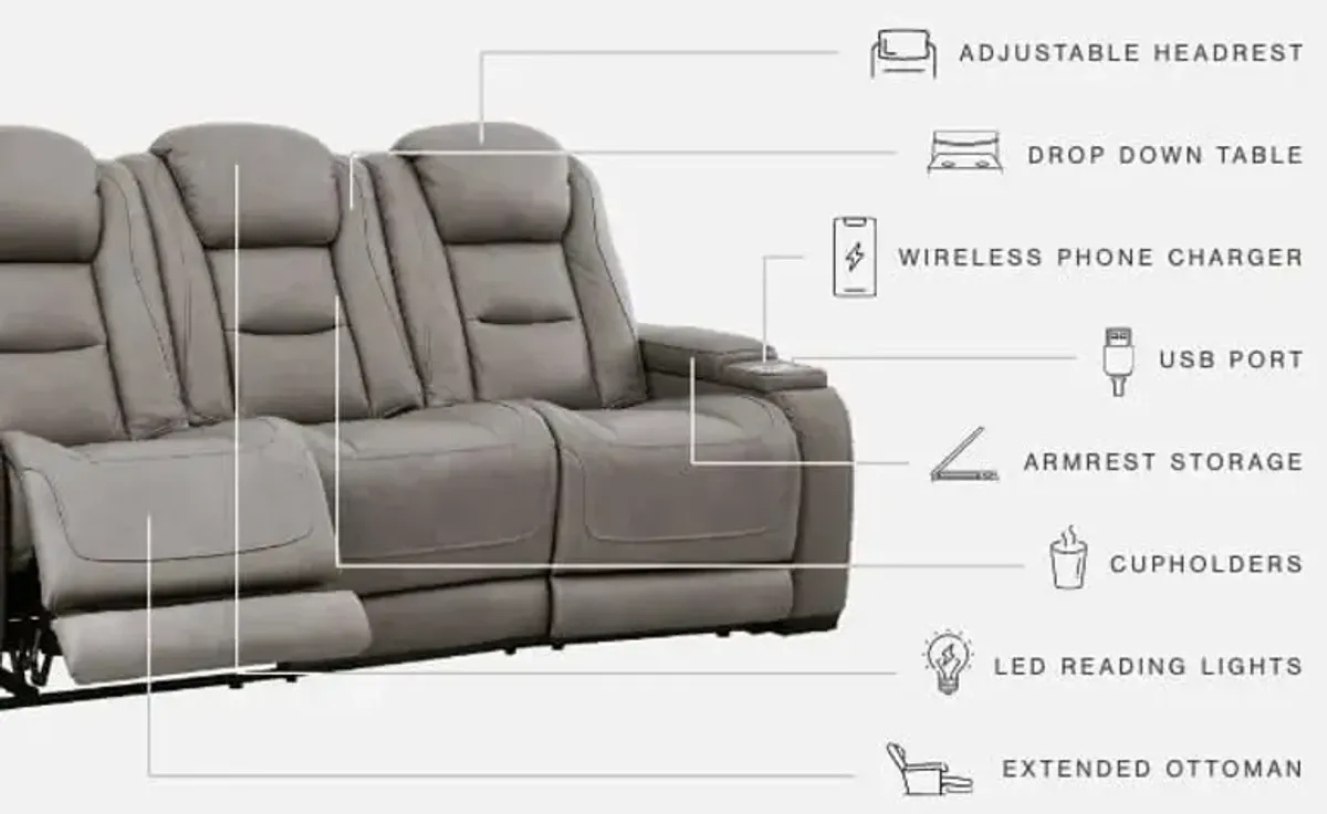 Ashley The Man-Den Gray Power Reclining Sofa with Adjustable Headrest