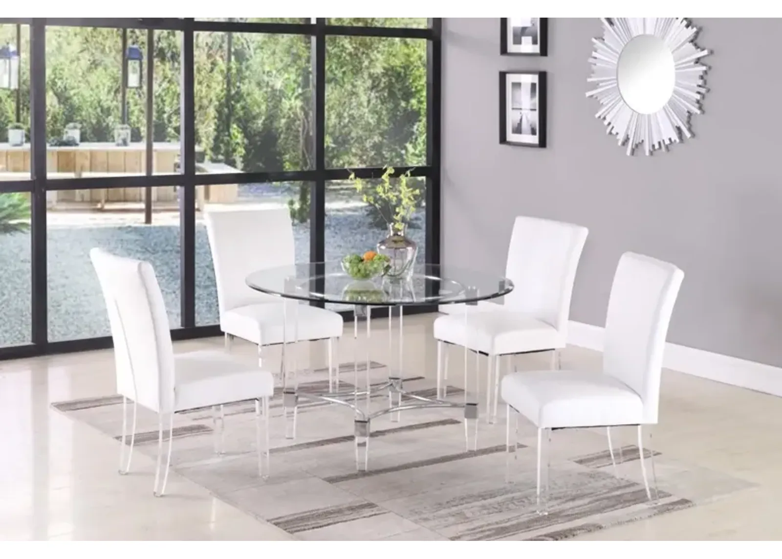 Chintaly White Contemporary Dining Set with Round Glass Dining Table & Parson Chairs