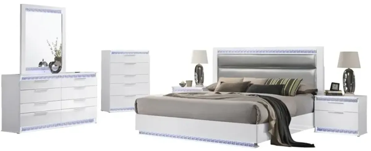 Chintaly Moscow Modern High Gloss White 4-Piece Queen Bedroom Set with Led Lighting