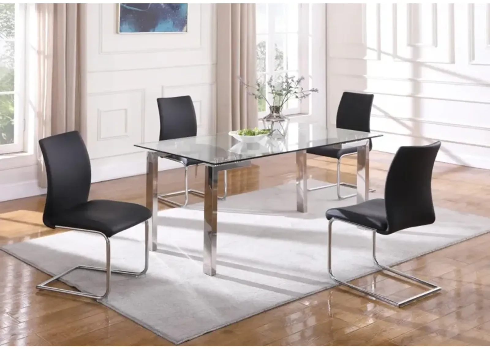 Chintaly Cristina Black Dining Set with Contemporary Glass Table & Modern Upholstered Chairs