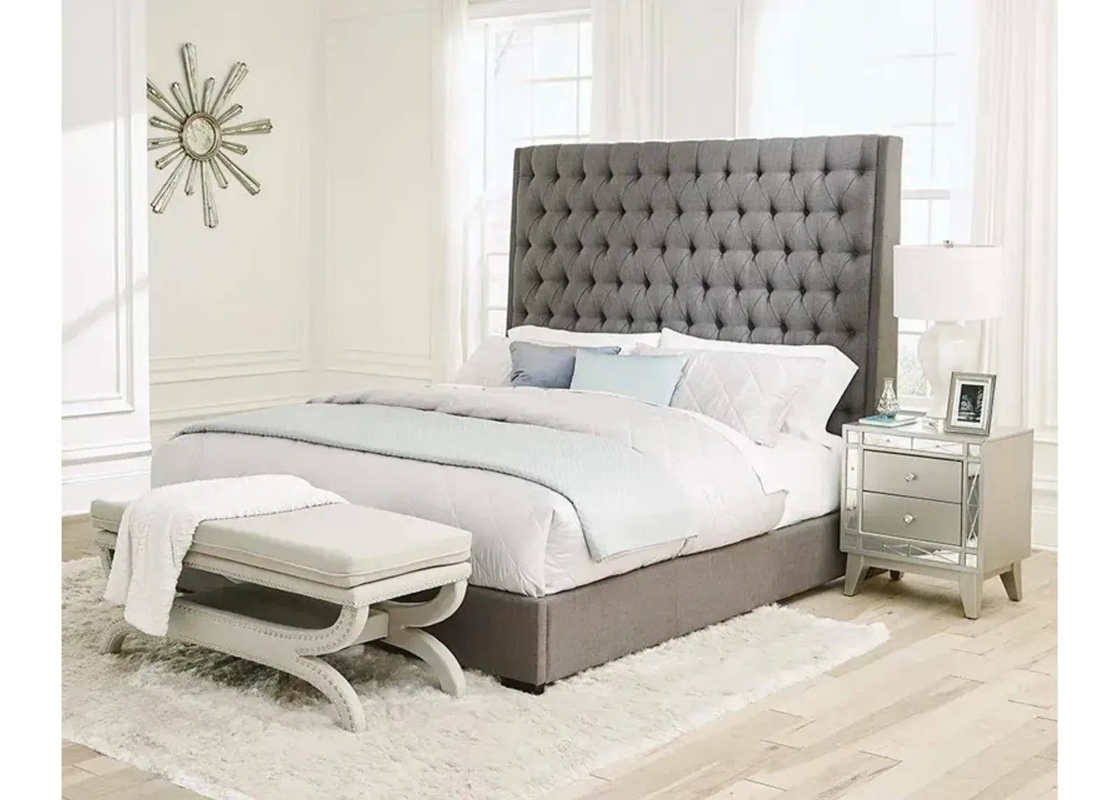 Coaster Camille Upholstered California King Panel Bed Grey