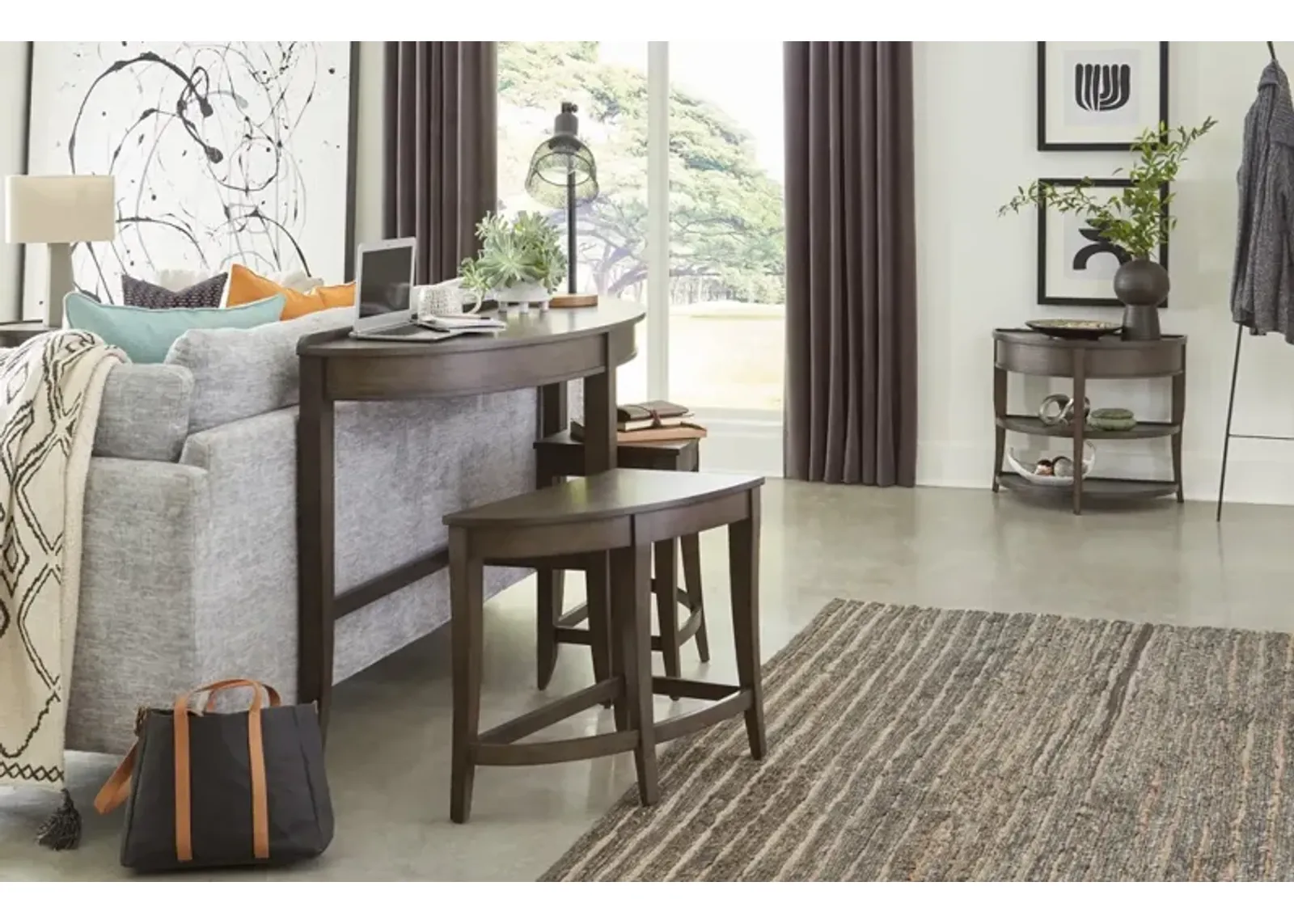 Aspenhome Blakely Sable Brown Sofa Console Table with Stools Set