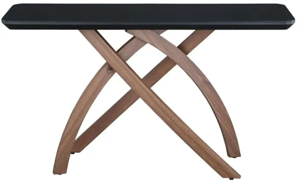 Chintaly Emily Black Glass Top Sofa Table with Crisscross Base