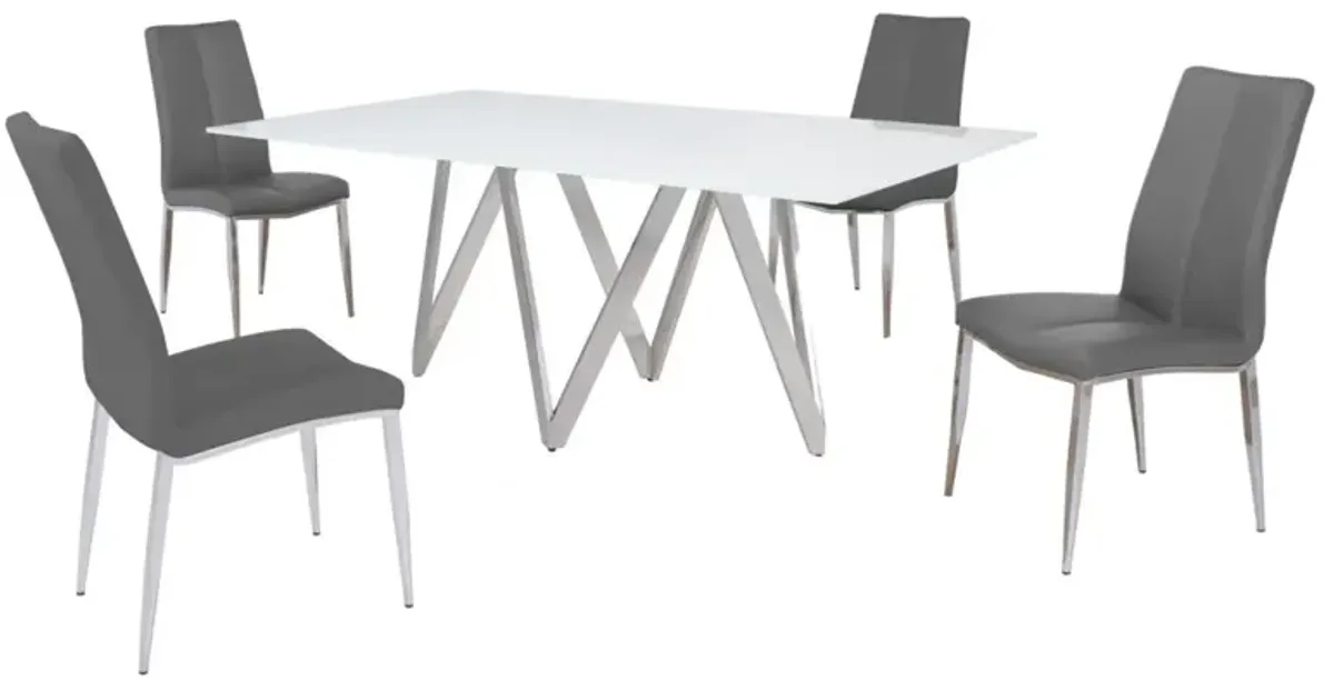 Chintaly Abigail Gray Modern Dining Set with White Glass Table & 4 Chairs