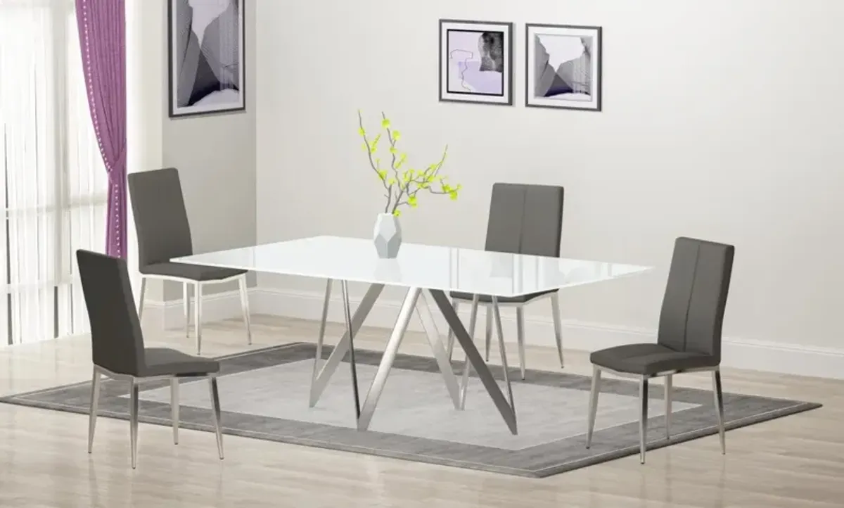 Chintaly Abigail Gray Modern Dining Set with White Glass Table & 4 Chairs