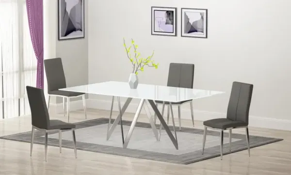Chintaly Abigail Gray Modern Dining Set with White Glass Table & 4 Chairs