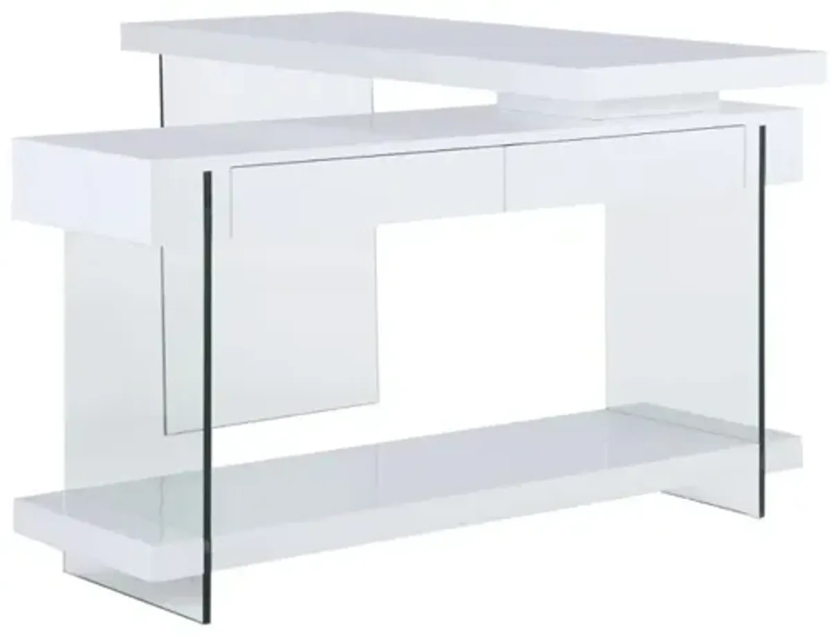 Chintaly Modern Rotatable Glass & Wooden Desk with Drawers & Shelf