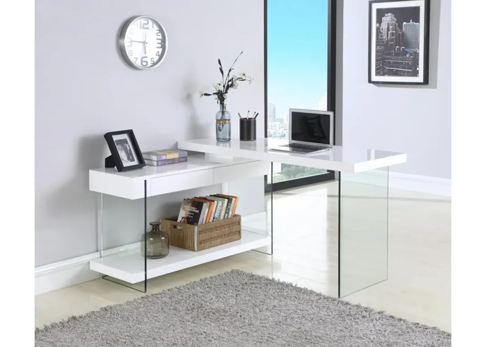 Chintaly Modern Rotatable Glass & Wooden Desk with Drawers & Shelf