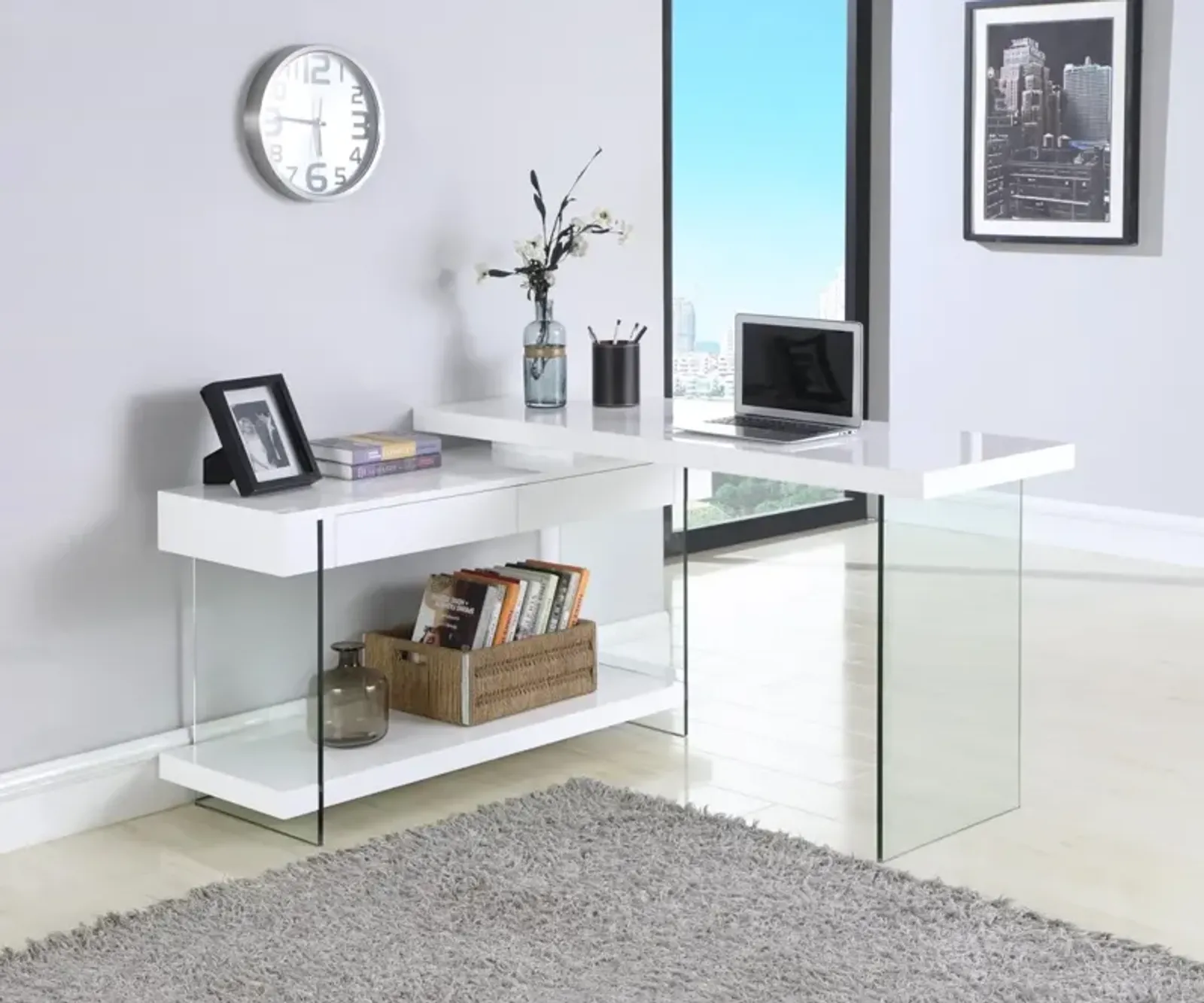 Chintaly Modern Rotatable Glass & Wooden Desk with Drawers & Shelf