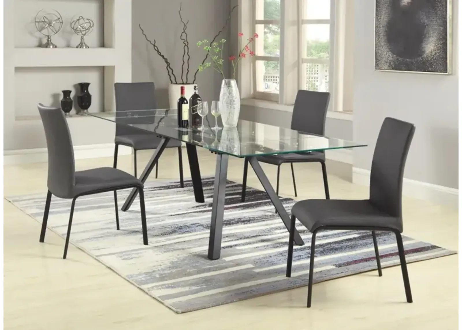 Chintaly Aida Dining Set with Extendable Glass Table & Curved-Back Chairs