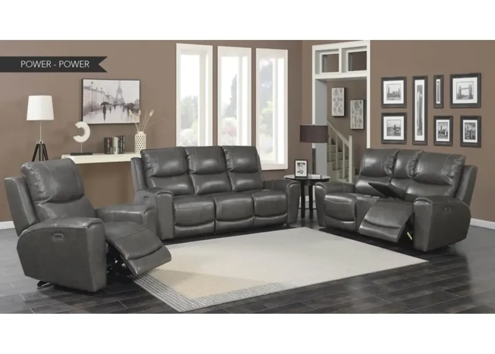 LAUREL GRAY DUAL-POWER LEATHER RECLINING SOFA LOVESEAT + CHAIR