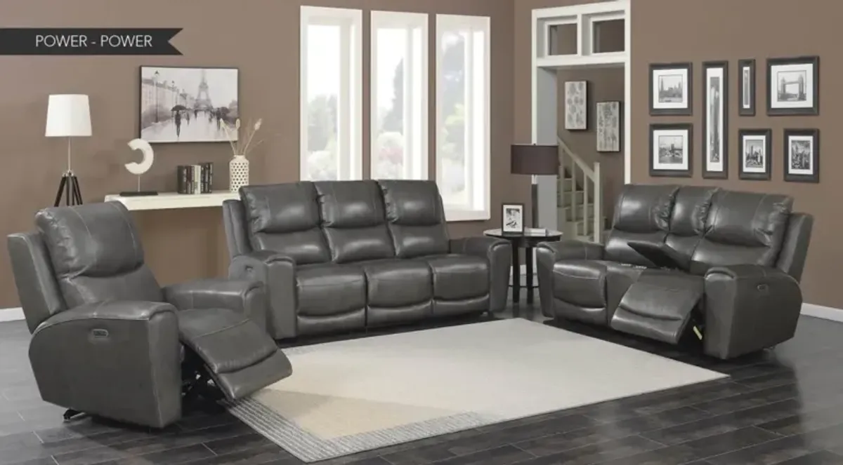 LAUREL GRAY DUAL-POWER LEATHER RECLINING SOFA LOVESEAT + CHAIR