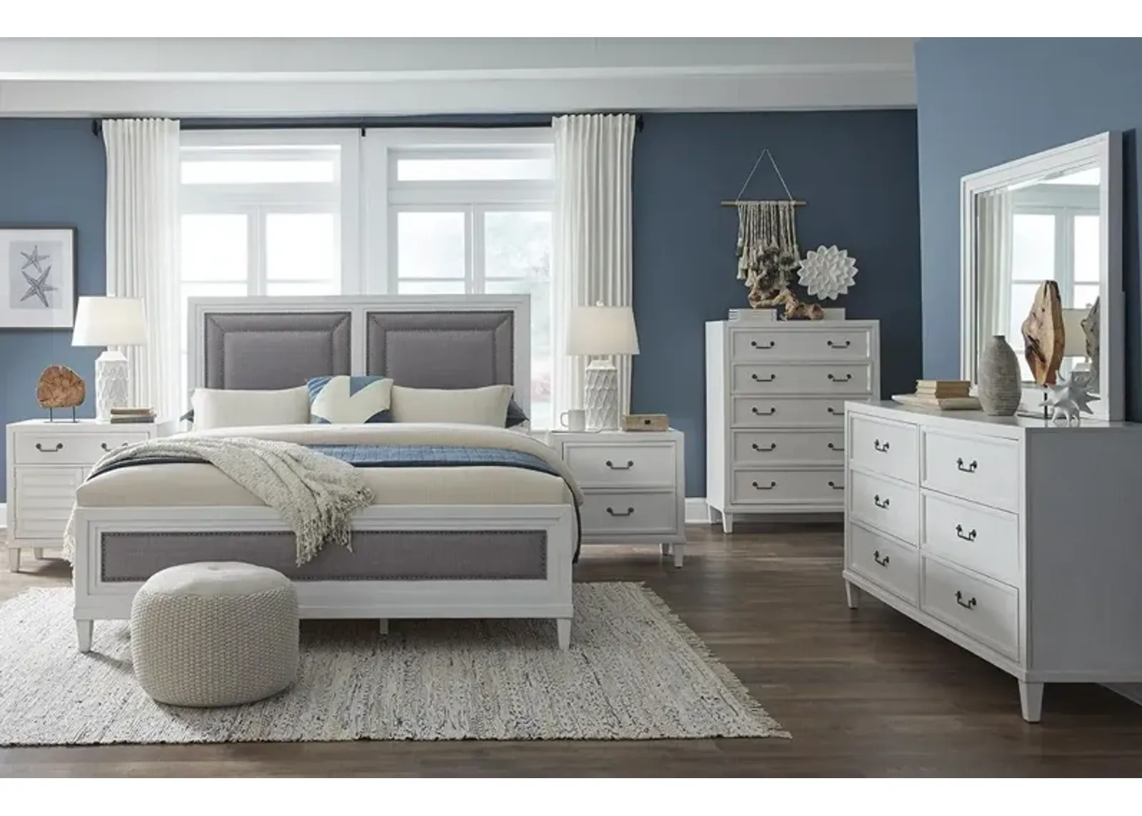 American Woodcrafters Complete Queen Bedroom Set Upholstered Bed, Dresser, Mirror, Nightstand & Chest White Dunescape