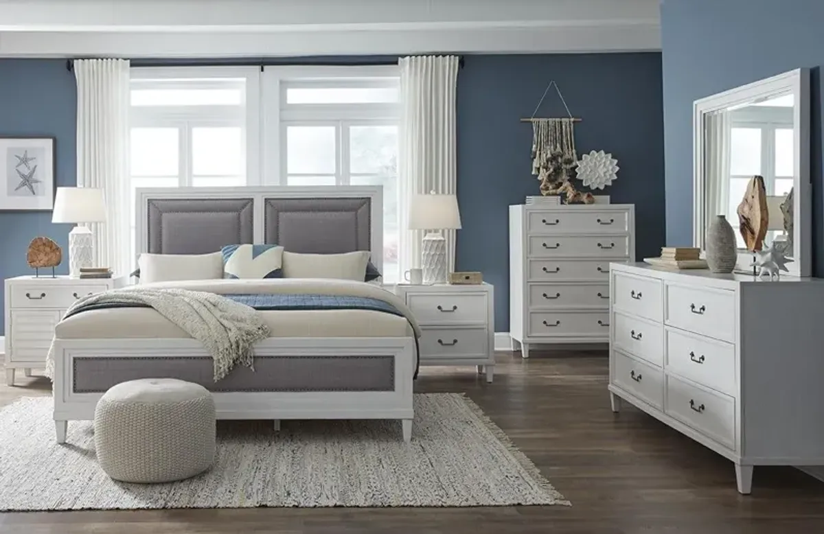 American Woodcrafters Complete Queen Bedroom Set Upholstered Bed, Dresser, Mirror, Nightstand & Chest White Dunescape