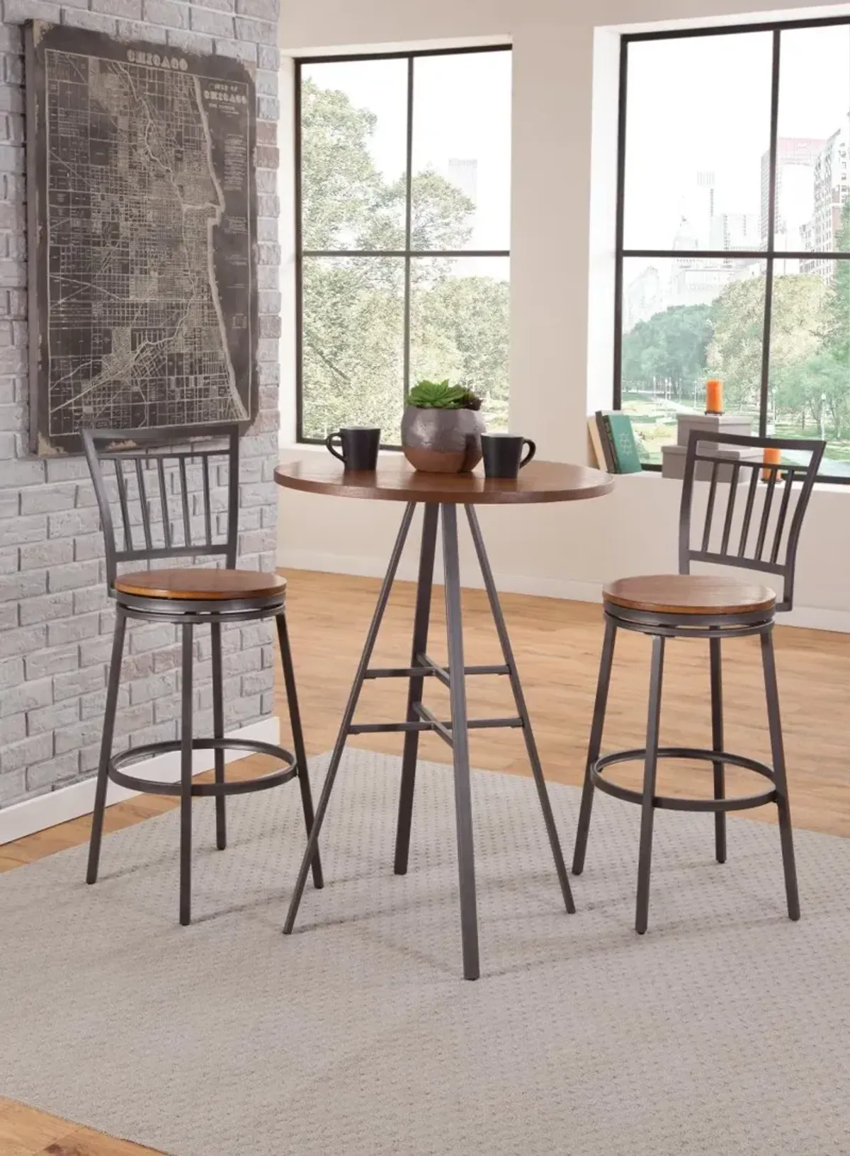 American Woodcrafters Filmore Slate Grey/Gold Oak Pub Bar Stools & Table Set