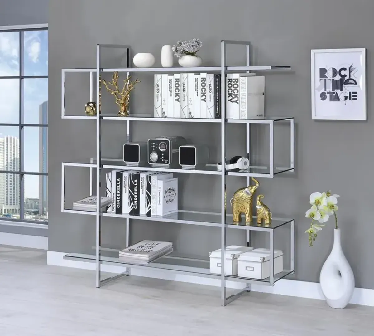 Coaster Elmer 63 Inch 5-Shelf Bookshelf Clear & Chrome