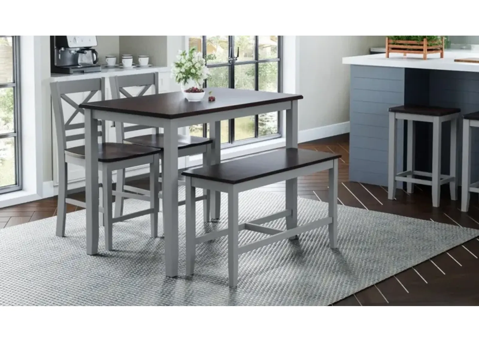 Jofran Asbury Park Table with 2 Stools, Bench Grey Autumn Brown