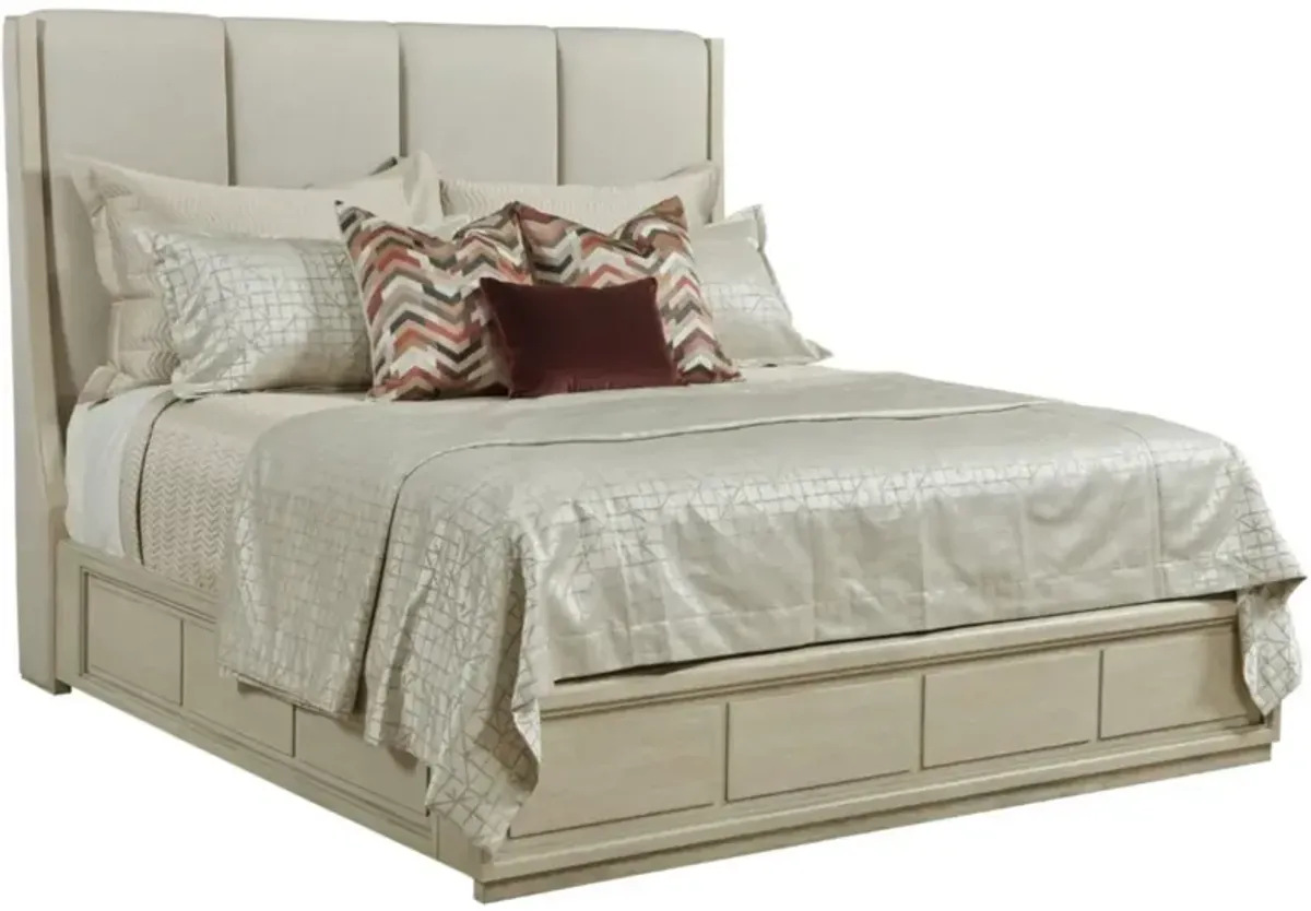 American Drew Tufted Cream Upholstered Headboard in White Oak & Alabaster Finish