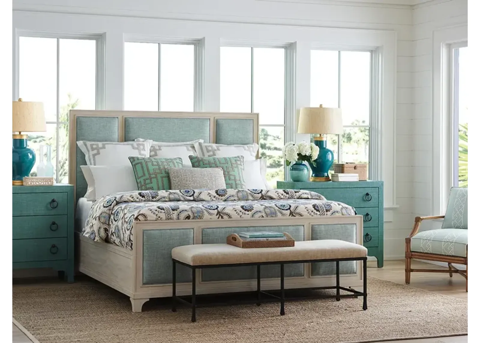 Barclay Butera by Lexington Newport Green Crystal Cove Upholstered California King Panel Bed