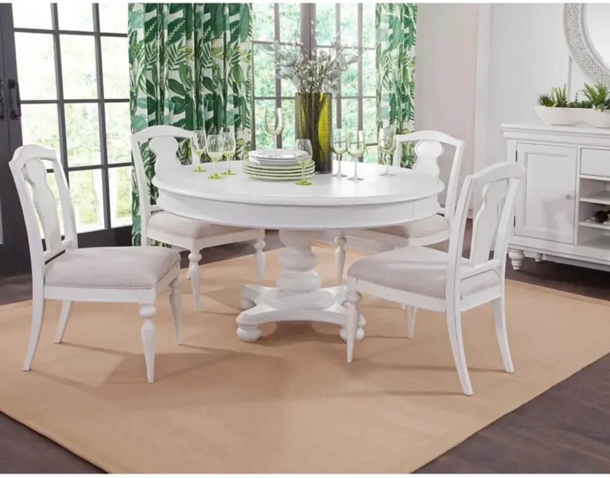 American Woodcrafters Rodanthe Dove White with Rub-Through 5-Piece Dining Set Pedestal Dining Table & 4 Splat Back Chairs