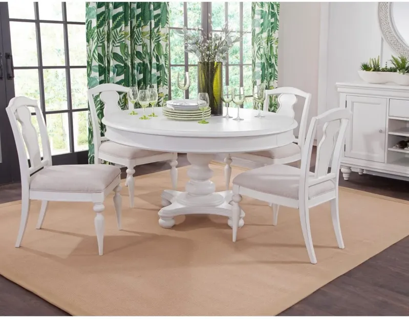 RODANTHE DOVE WHITE WITH RUB-THROUGH 5-PIECE DINING SET - PEDESTAL DINING TABLE & 4 SPLAT BACK CHAIRS