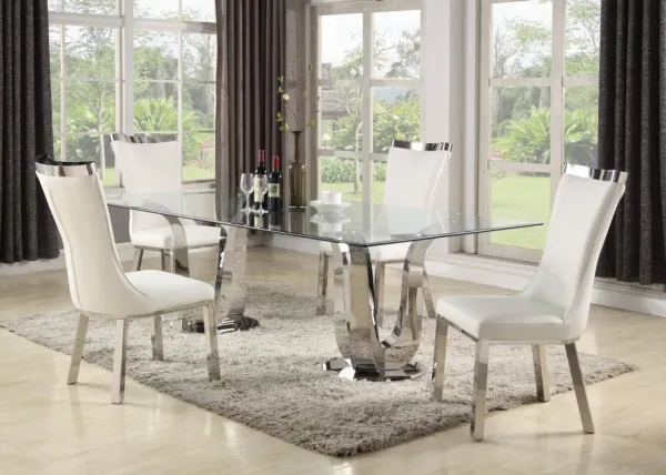 Chintaly Adelle Contemporary Dining Set with Rectangular Glass Table & 4 White Chairs