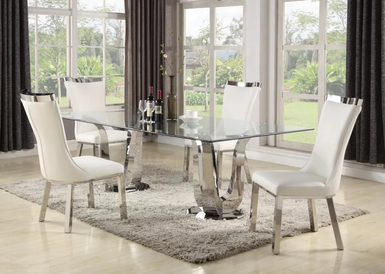 ADELLE CONTEMPORARY DINING SET WITH RECTANGULAR GLASS TABLE & 4 WHITE CHAIRS