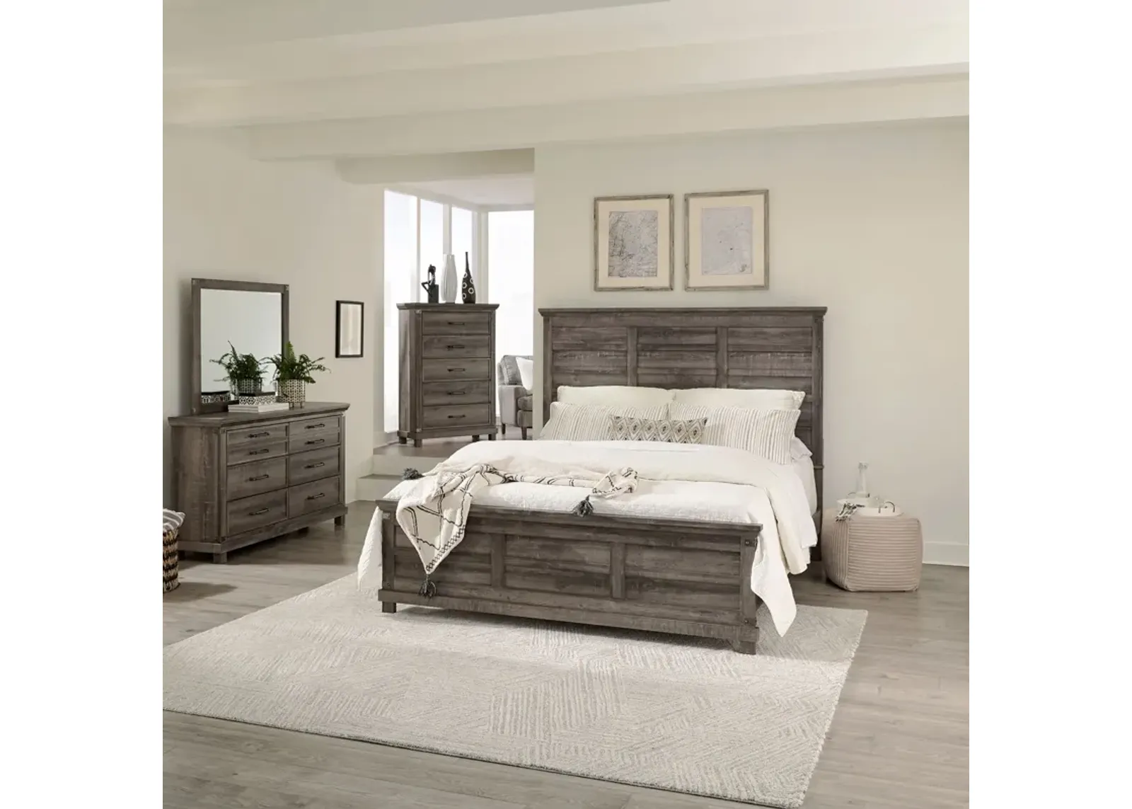 Liberty Furniture Complete King Bedroom Set Panel Bed, Dresser, Mirror & Chest Lakeside Haven