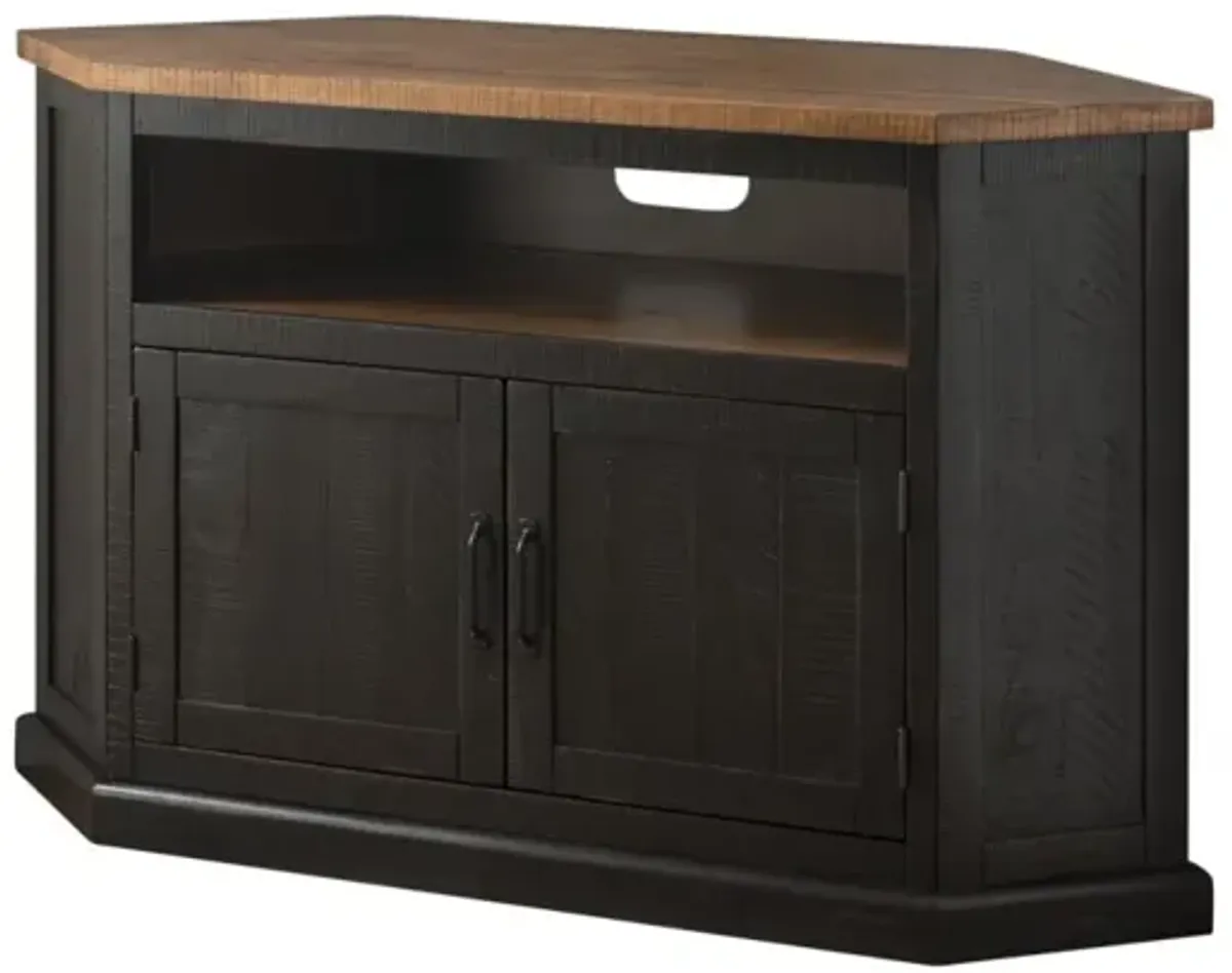 Martin Svensson Rustic Corner TV Stand in Antique Black & Honey