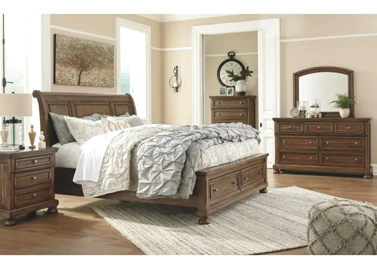 Ashley Flynnter Medium Brown King Sleigh Bed with 2 Storage Drawers