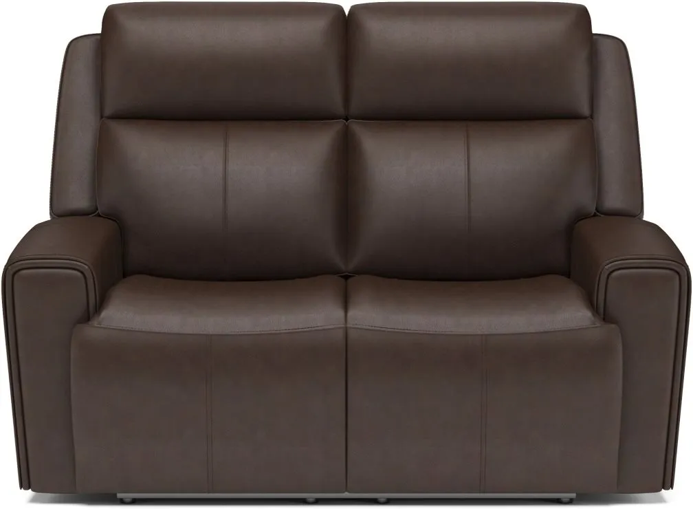 BARNETT CHOCOLATE POWER RECLINING LEATHER LOVESEAT WITH POWER HEADRESTS AND LUMBAR
