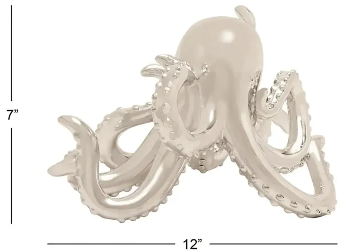 UMA Home Decor Silver Polystone Octopus Sculpture with Long Tentackles & Suctions Detailing