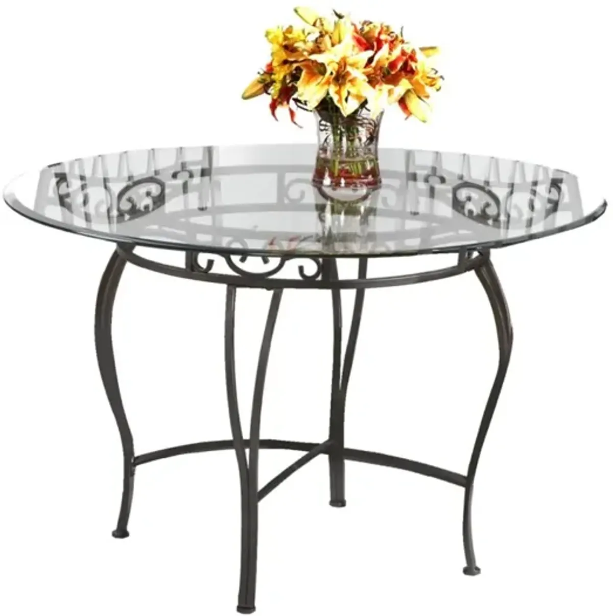 Chintaly Transitional Round Glass Top Dining Table with Wrought Iron Base