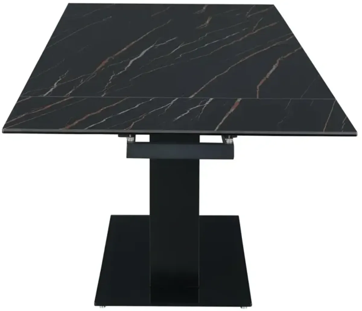 Chintaly Katalina Marbleized Sintered Stone Top Dining Extendable Table with Wooden Pedestal & Glass Base Plate